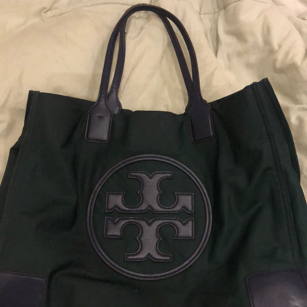 Tory Burch Green and Navy Blue Ella Tote